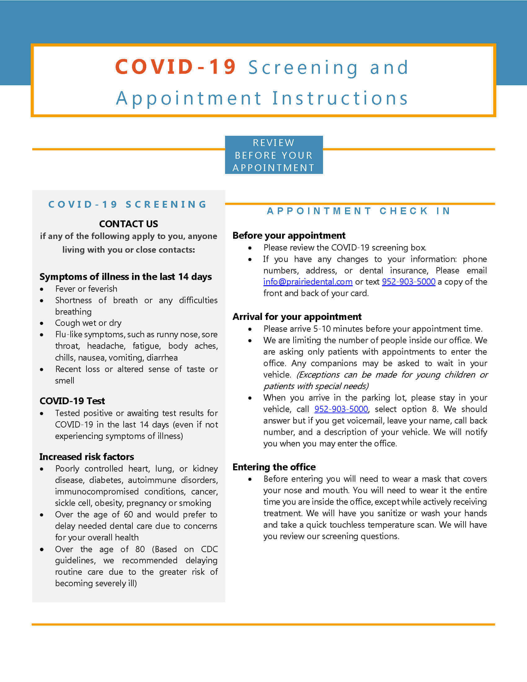 COVID-19 Screening and Appointment Instructions