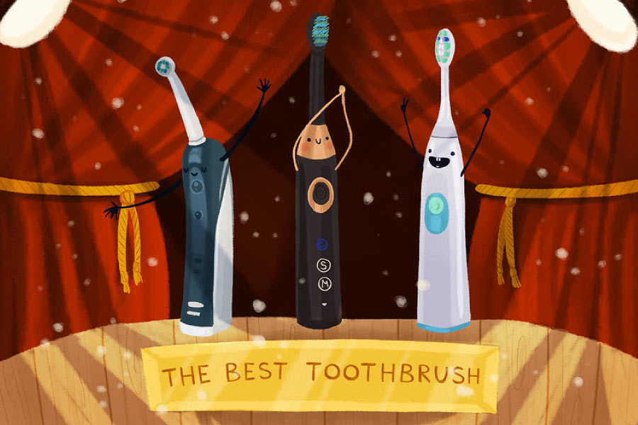 Cartoon with electric toothbrushes on podium in best toothbrush competition.