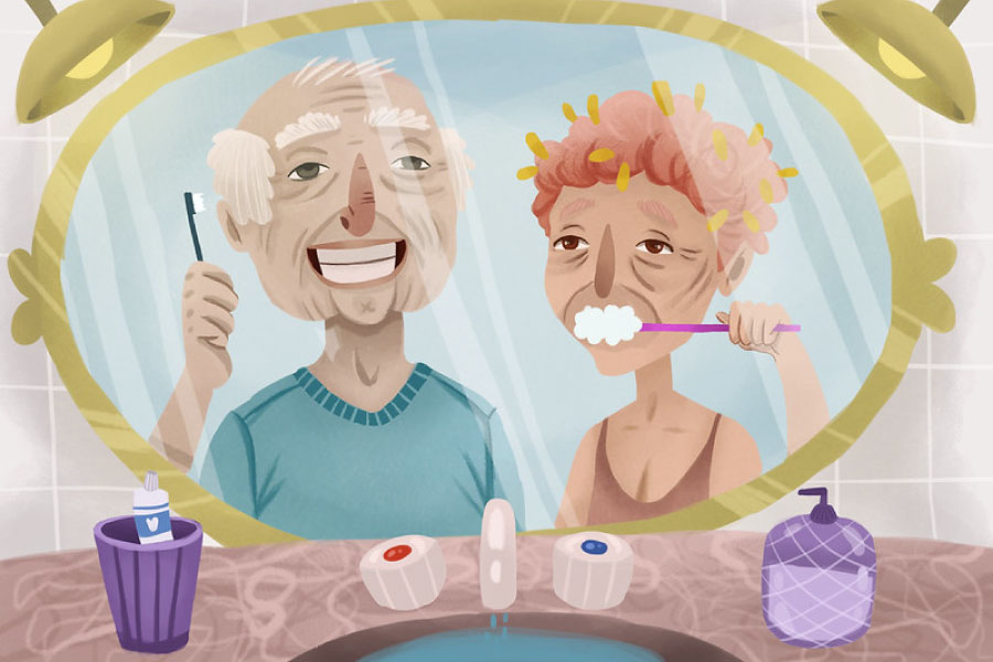 Cartoon of an elderly couple reflected in the mirror while brushing their teeth.