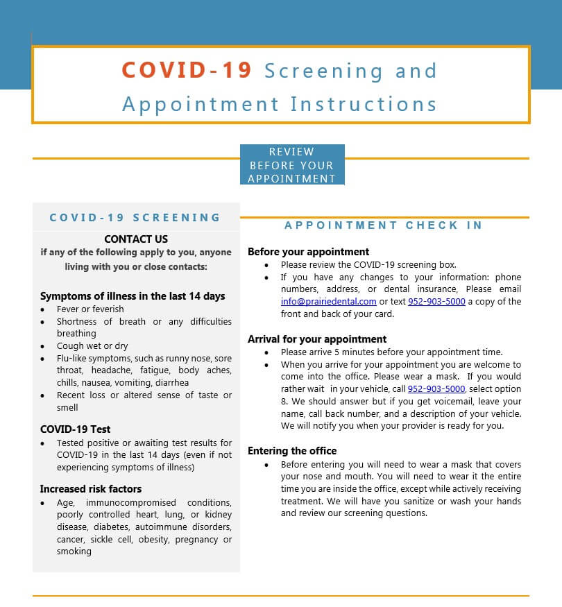 COVID-19 Screening and Appointment Instructions