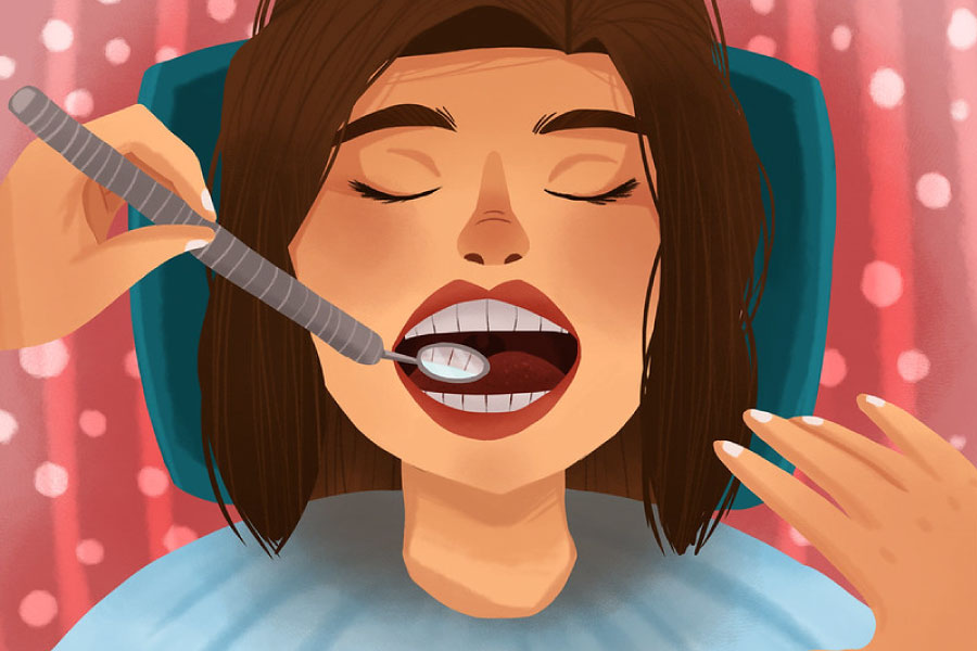 Cartoon of a lady in the dental chair for a cleaning and exam.
