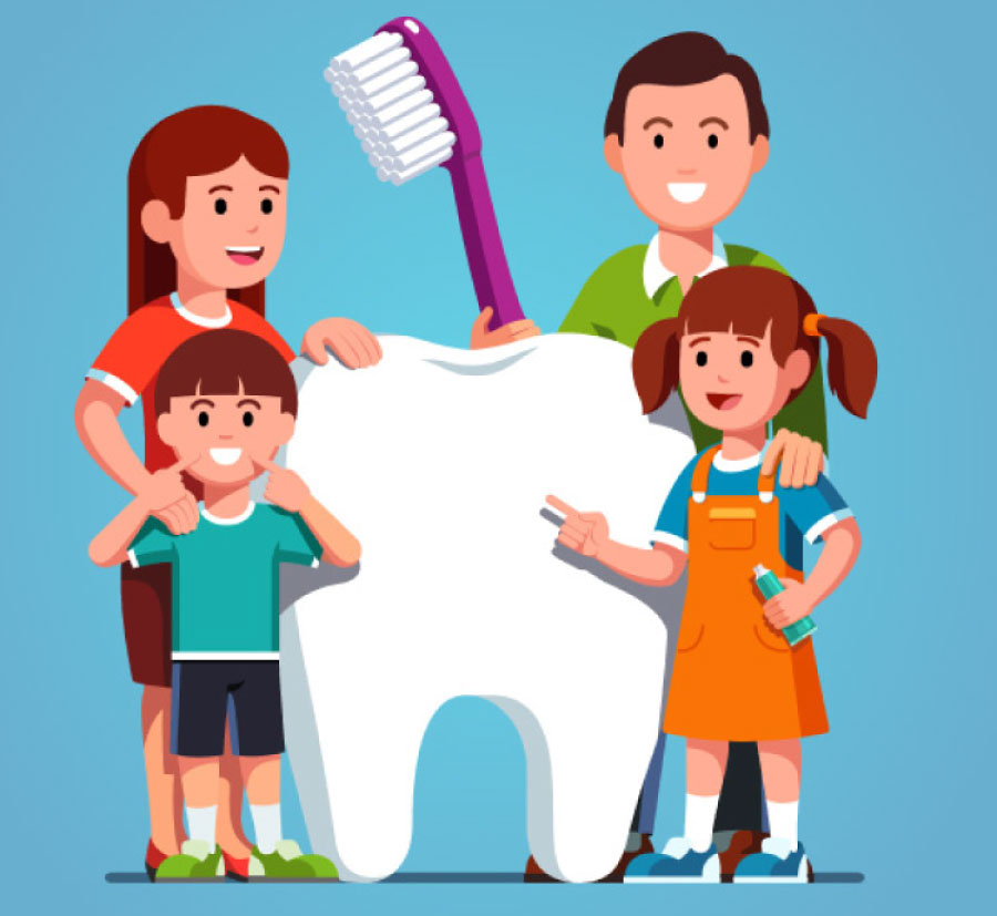 Cartoon of a family standing next to an oversized tooth.