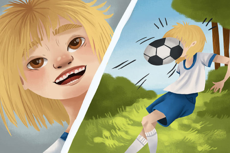 Cartoon of a youth getting a soccer ball to the face in one frame and a chipped tooth in the other frame. 