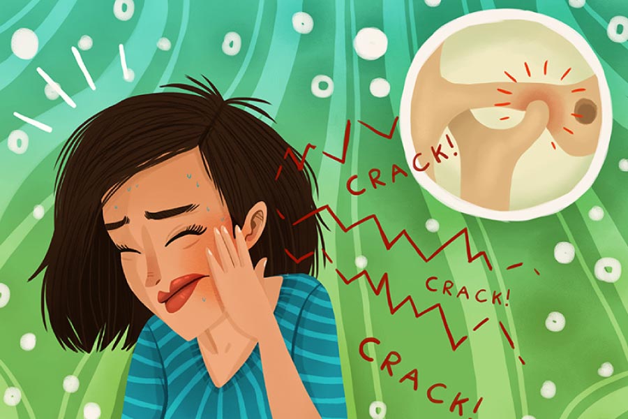 Cartoon of a woman suffering from TMD with a closeup of the temporomandibular joint.