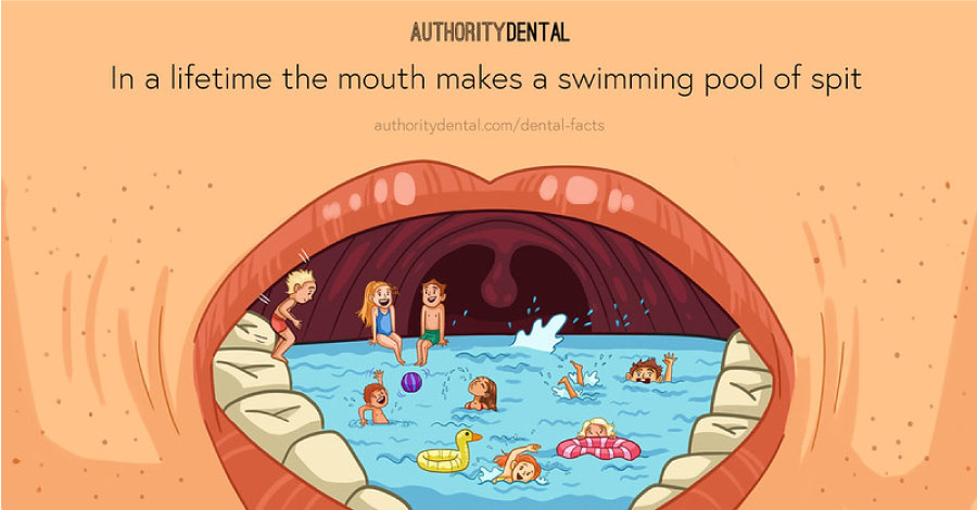 Cartoon of a mouth full of saliva as a swimming pool.
